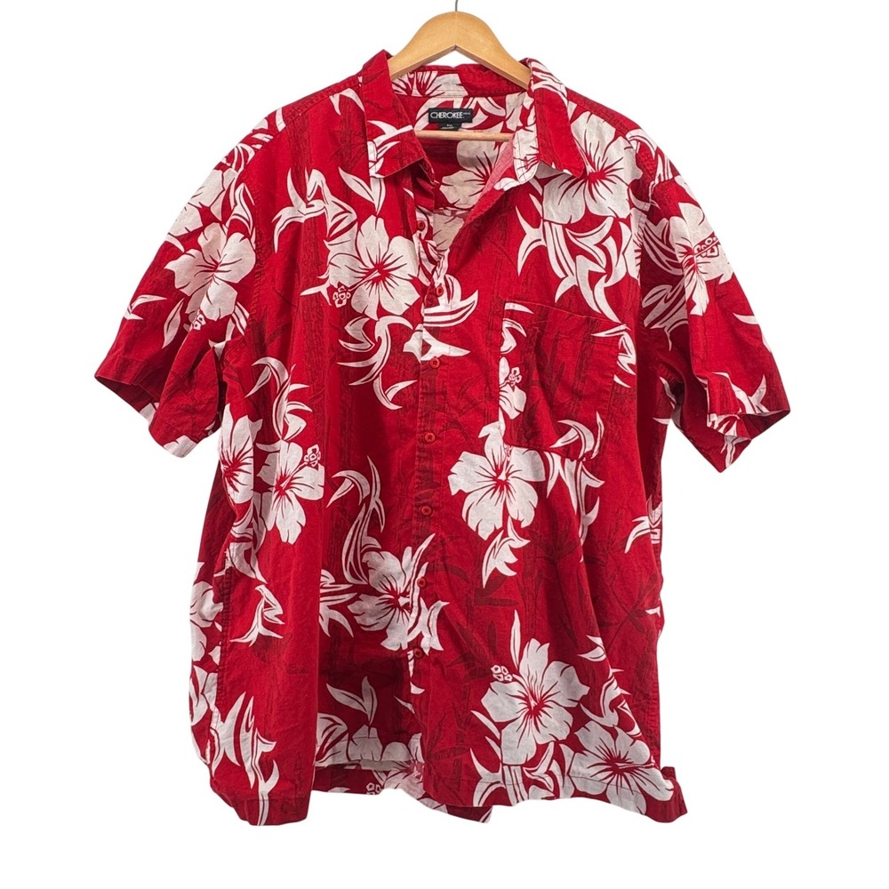 Cherokee Mens XXL Red White Hibiscus Floral Hawaiian Shirt Cotton Short‎ Aloha